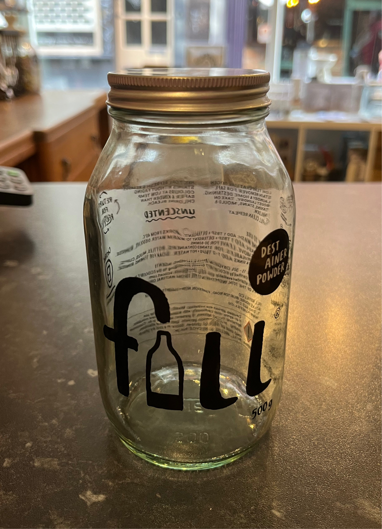 Jars are clear glass screen printed in black, with either a silver or matt black metal lid