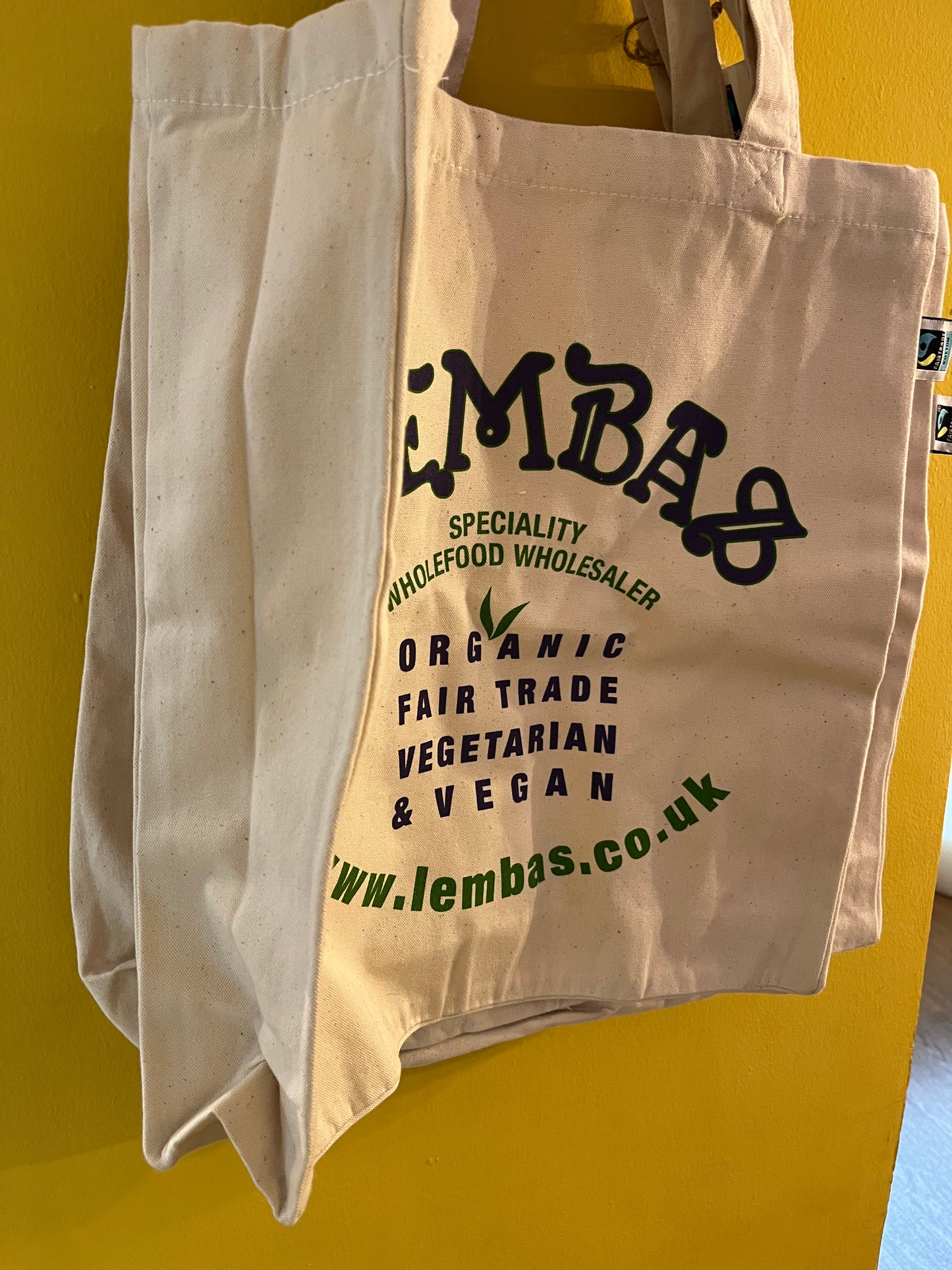 A view showing the gusset at the side of the large, strong cotton tote bag.