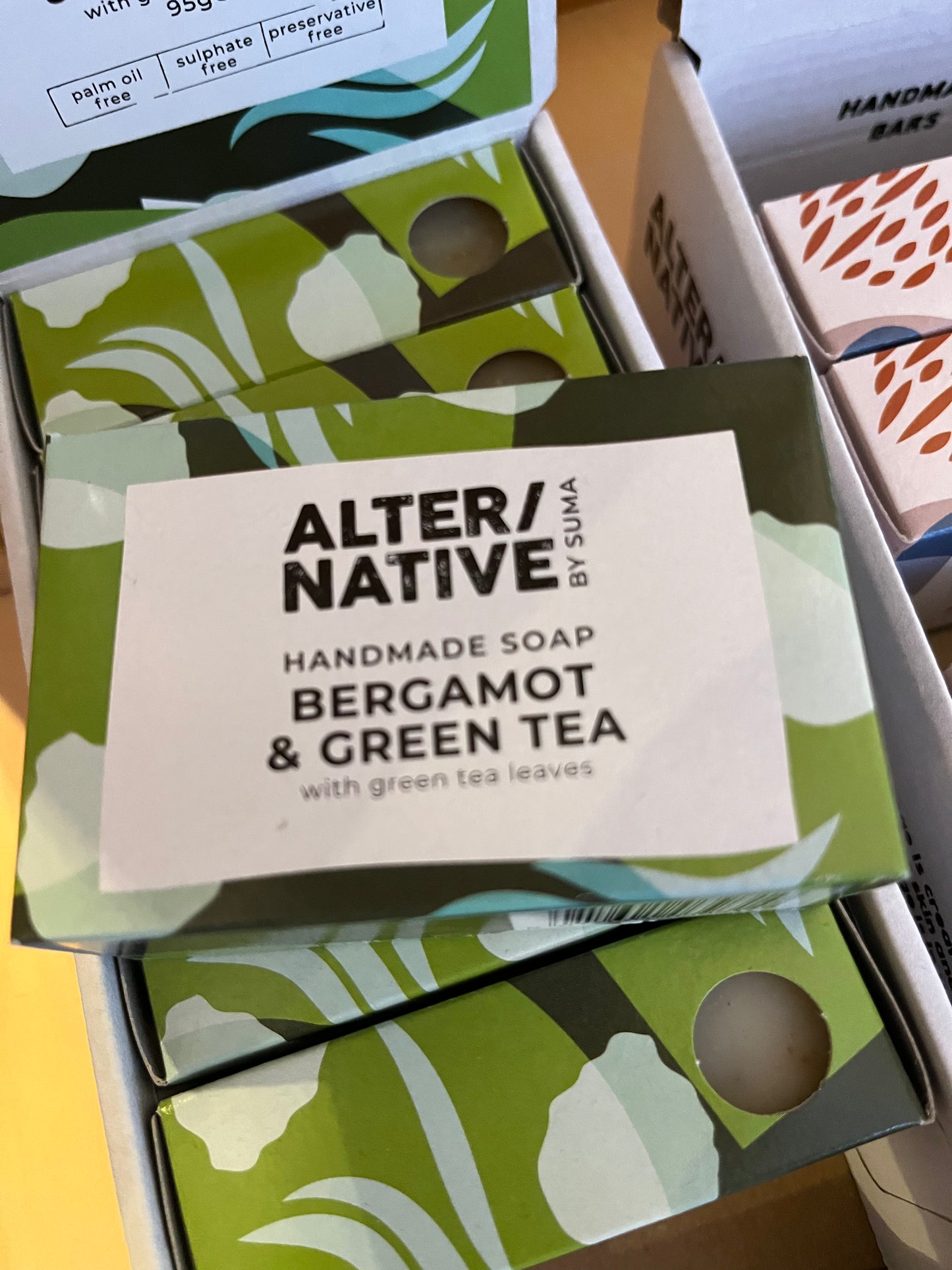 A closeup of Alter/Native’s soap bar Bergamot and Green Tea.
