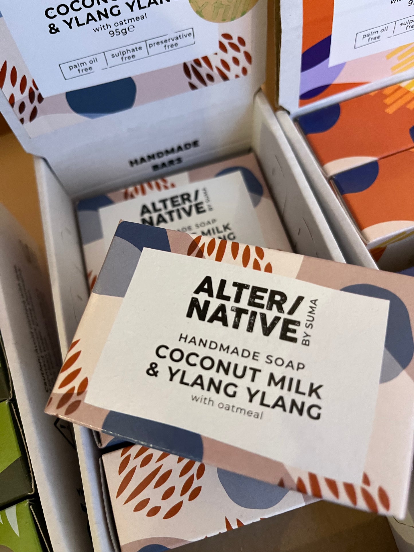A closeup of Alter/Native’s soap bar Coconut Milk and Ylang Ylang.