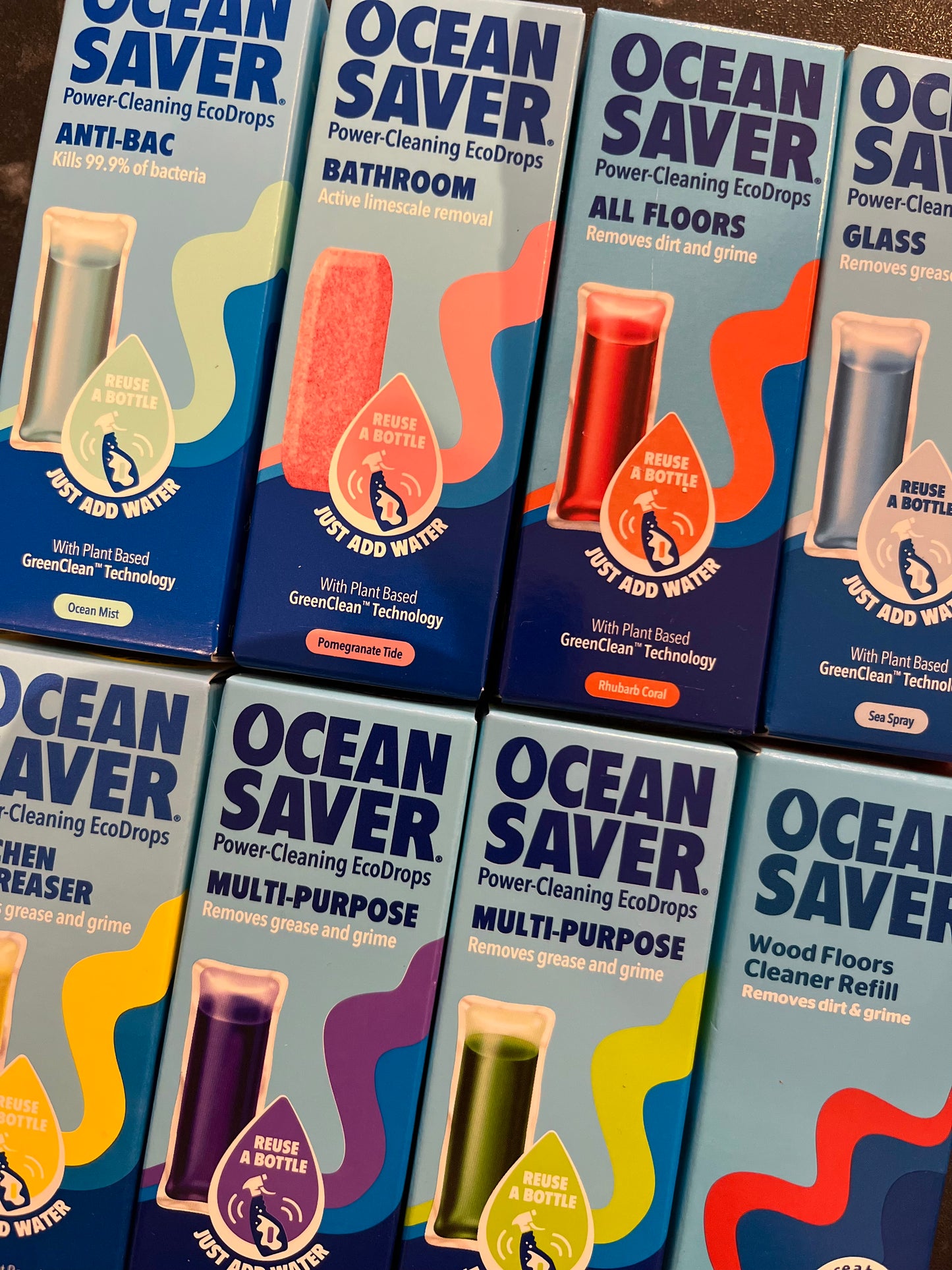 A selection of colourful boxed Ocean Saver refills.