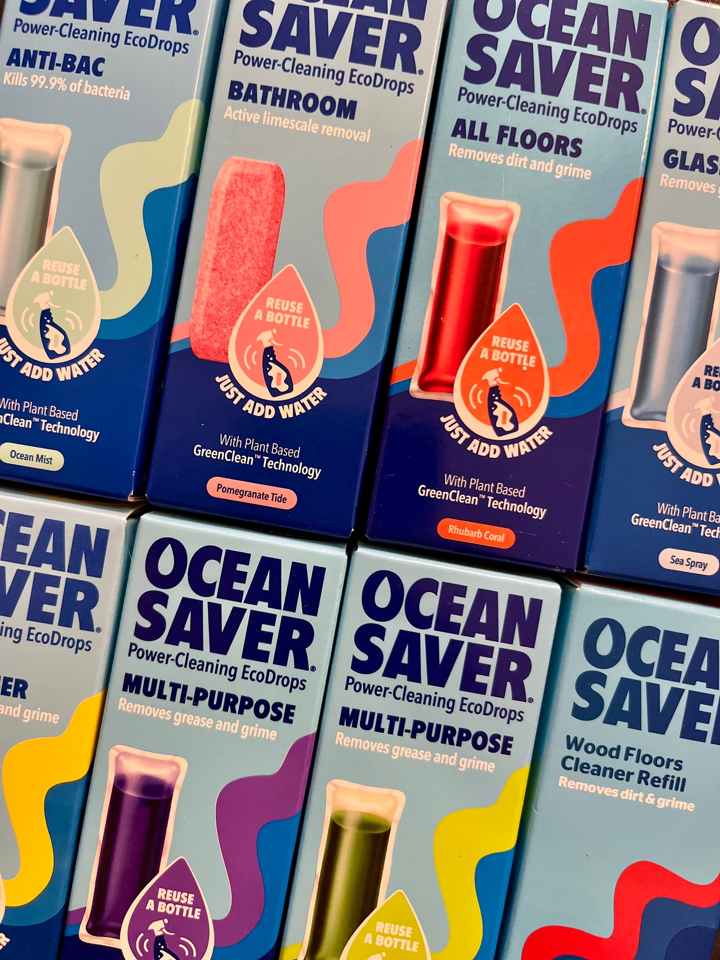 A selection of colourful boxed Ocean Saver refills.