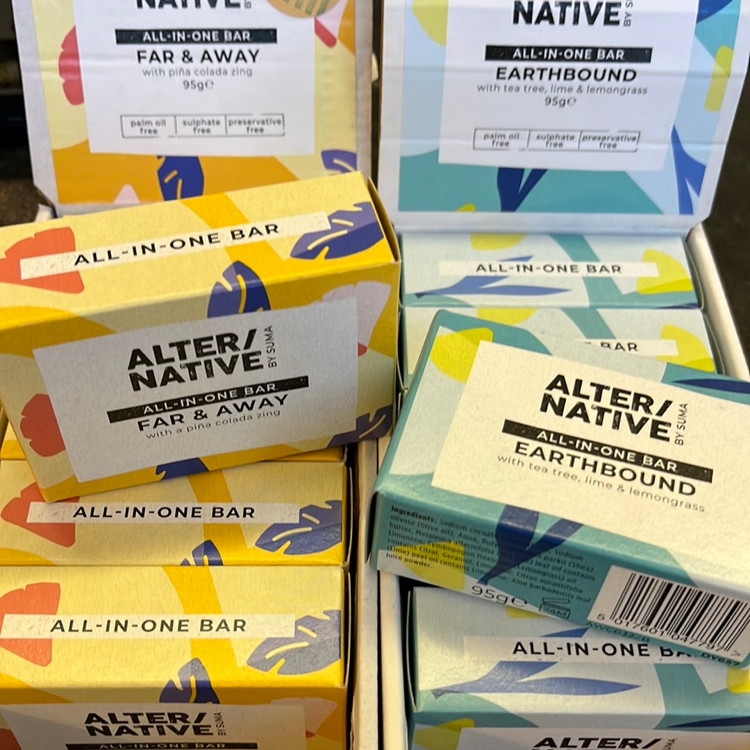 Two box’s of Alter/Native’s All-in-one bars, Earthbound and Far & Away, on top of box’s of soap.