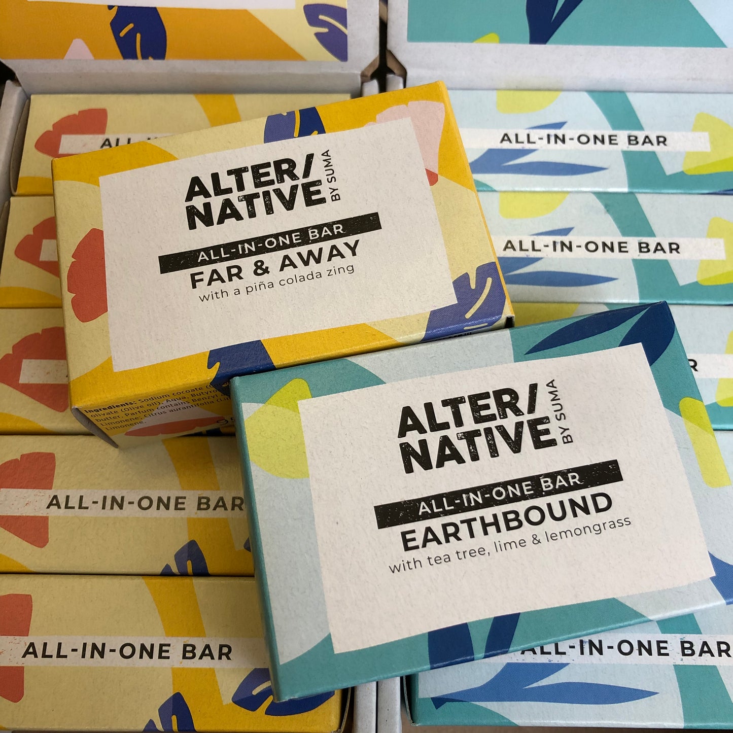 Two box’s of Alter/Native’s All-in-one bars, Earthbound and Far & Away.