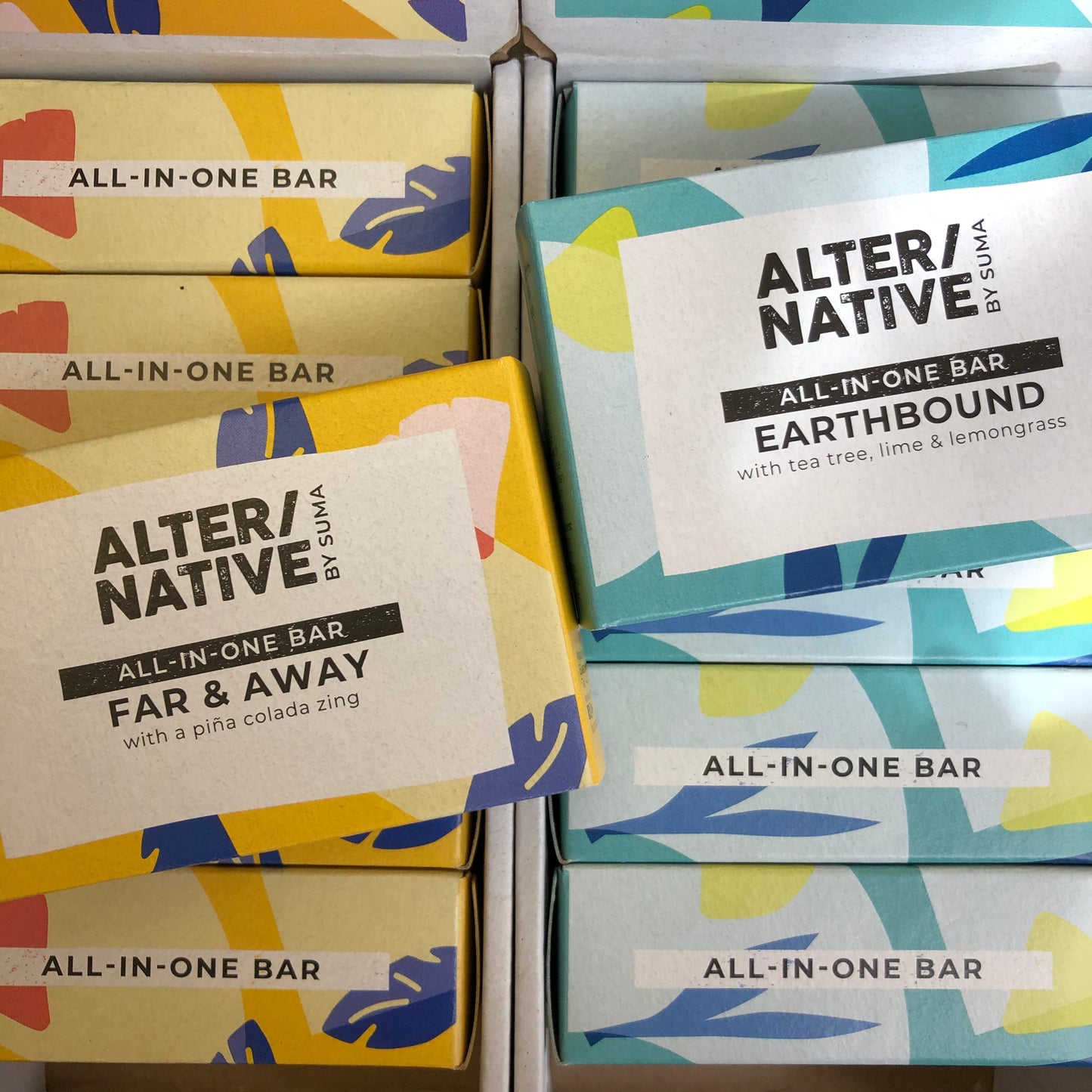 A closeup of Alter/Native’s All-in-one bars, Earthbound and Far & Away.