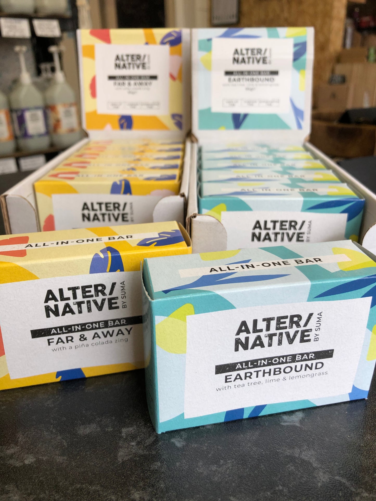 Two box’s of Alter/Native’s All-in-one bars, Earthbound and Far & Away.