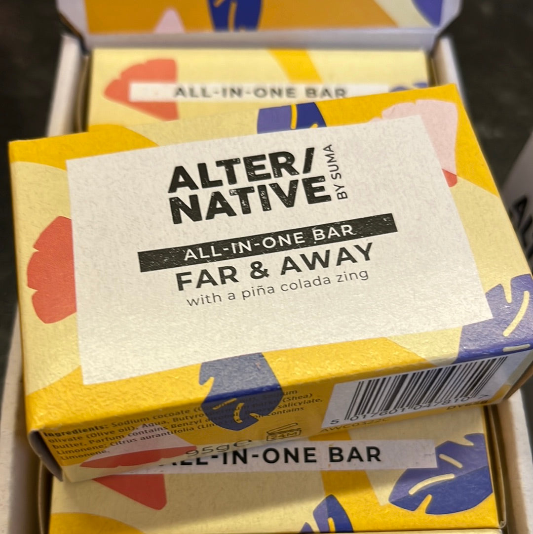 A closeup of Alter/Native’s All-in-one bar, Far & Away.