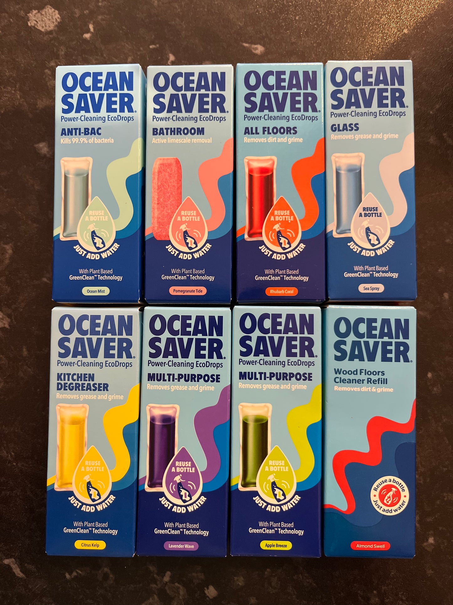A selection of colourful boxed Ocean Saver refills.